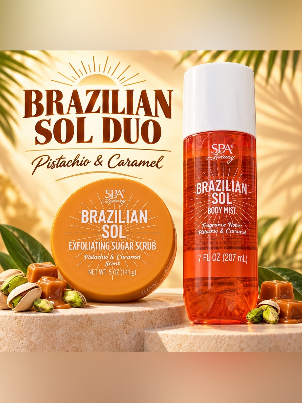Brazilian Sol Pistachio & Caramel Body Mist & Sugar Scrub - Orange